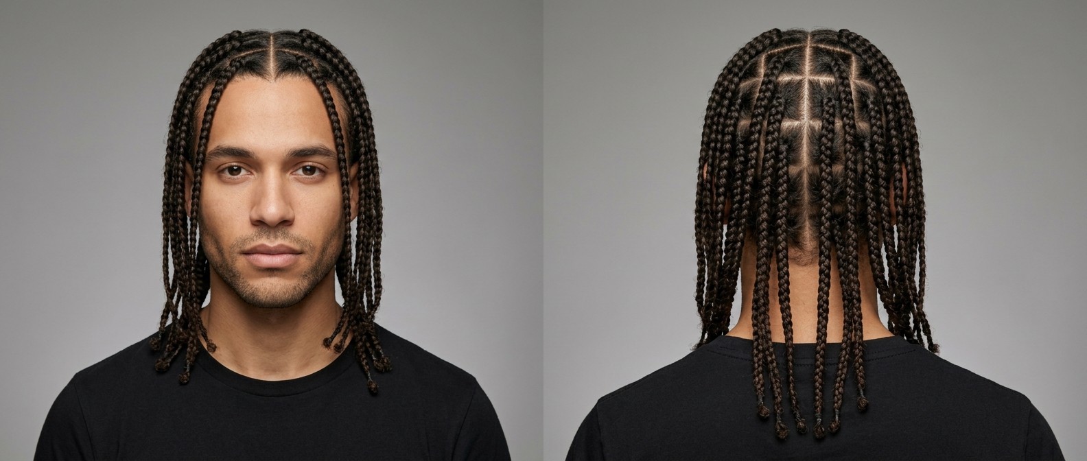 Vista frontal y trasera de un hombre con trenzas box braids largas, raya al medio y patrón geométrico en el cuero cabelludo.