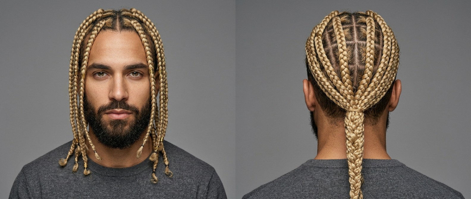 Man with a dark beard wearing long blonde box braids featuring geometric scalp parting, gold hair cuffs, and a tied-back finish.
