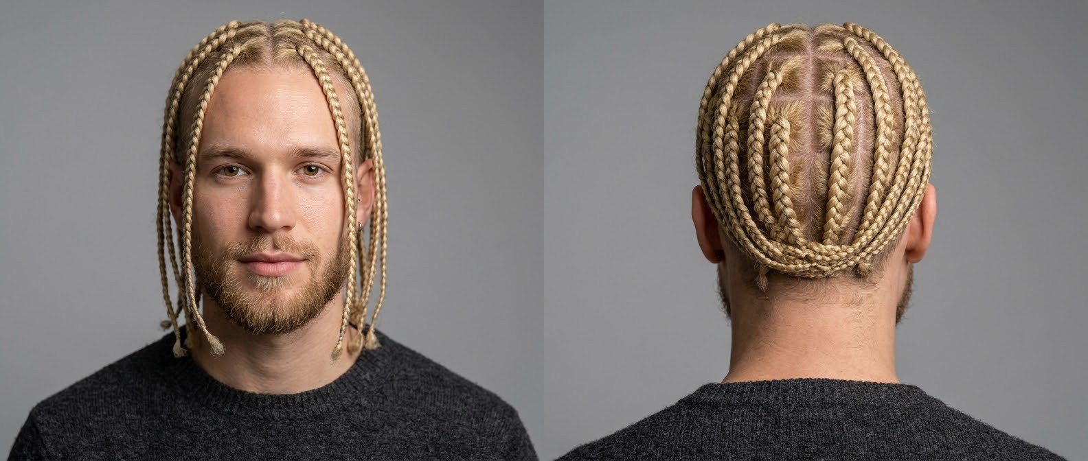 Young Caucasian man with long blonde hair styled in full-head box braids with a middle part and square scalp sections, featuring a short beard.