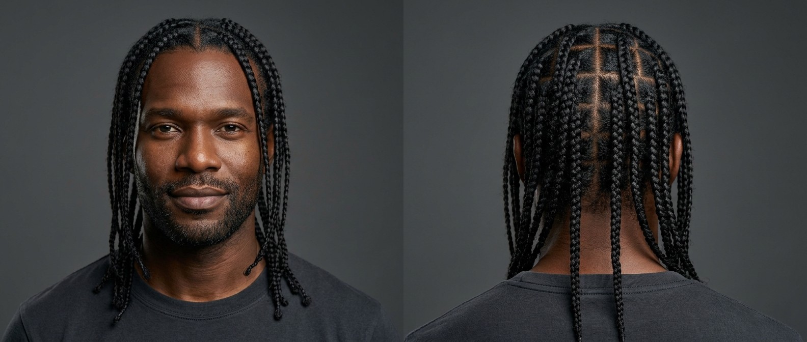 Homem negro de 35-45 anos com rosto quadrado e barba rala, usando box braids longas com divisões quadradas e risca central.