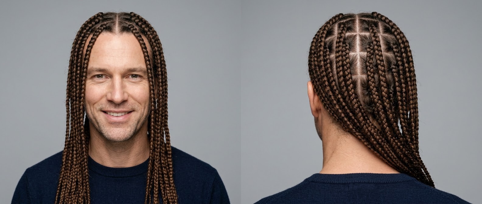 Caucasian man aged 45+ with long brown box braids parted down the middle, showcasing precise geometric square scalp partings and thick hair.