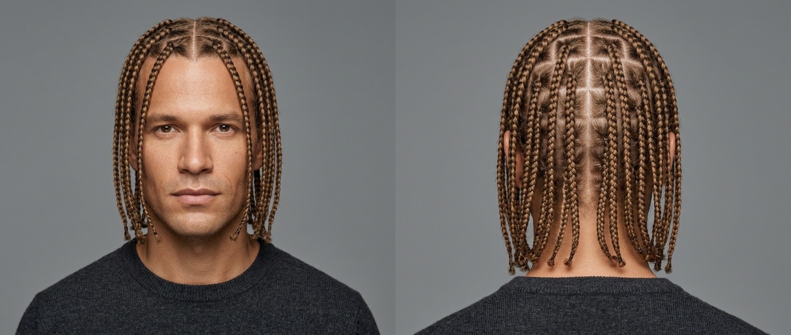 Front and back view of a Caucasian man aged 35-45 with medium-long light brown hair styled in precise, square-parted box braids against a grey background.