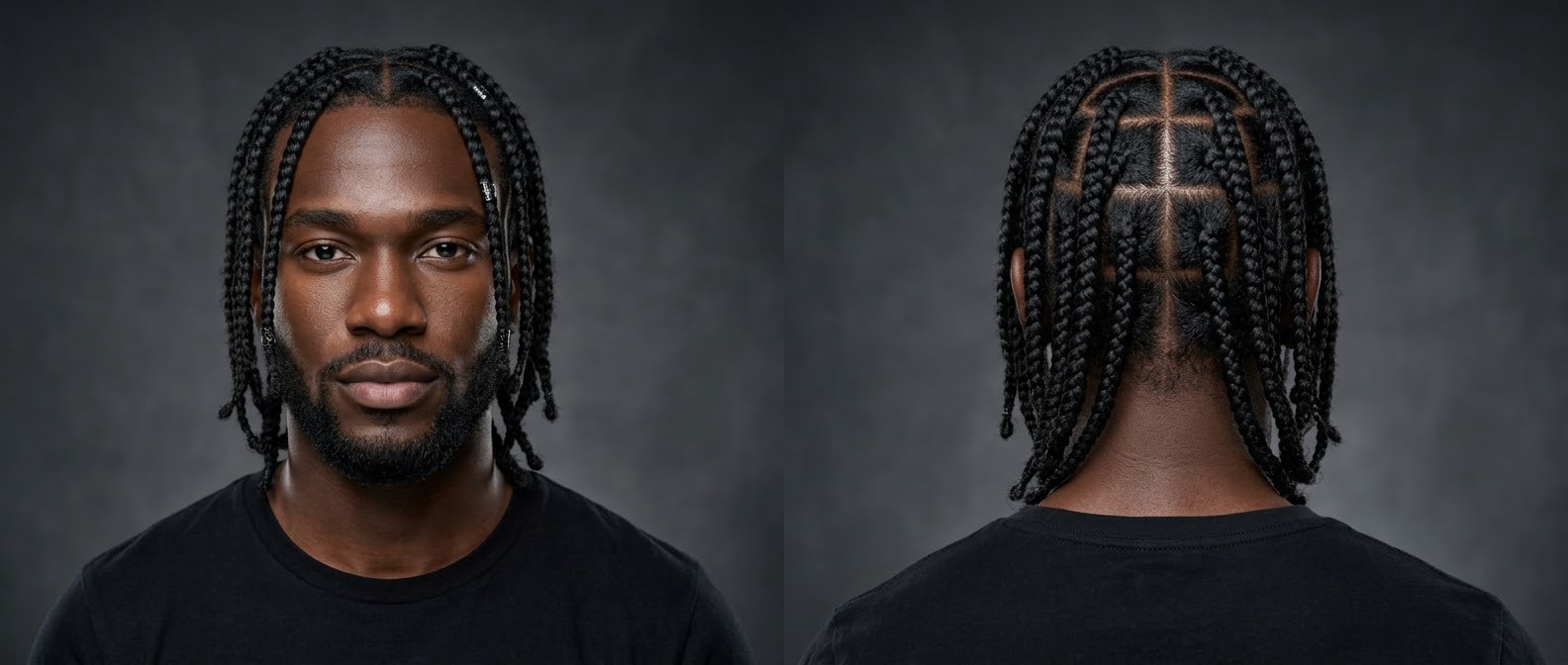 Black man with short beard wearing medium box braids with a center part and silver cuffs, showing front and back views of neat square partings.