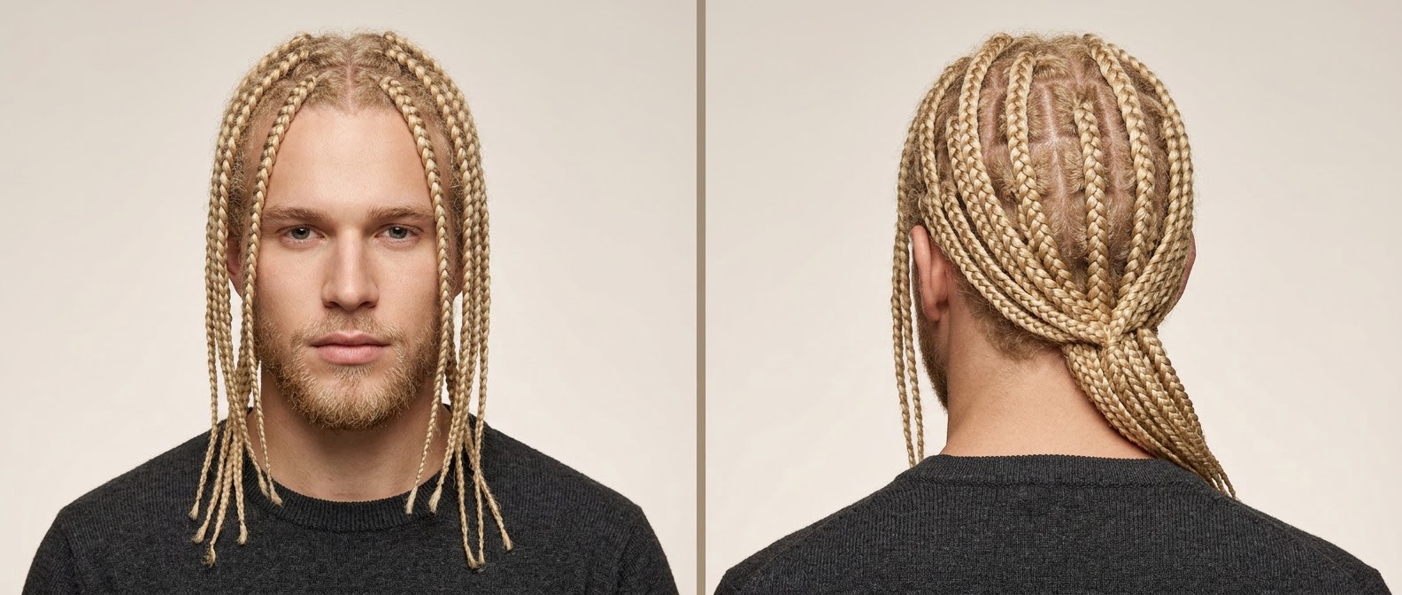 Young blonde man with a short beard showcasing very long box braids with square partings, styled in a low ponytail with face-framing pieces.
