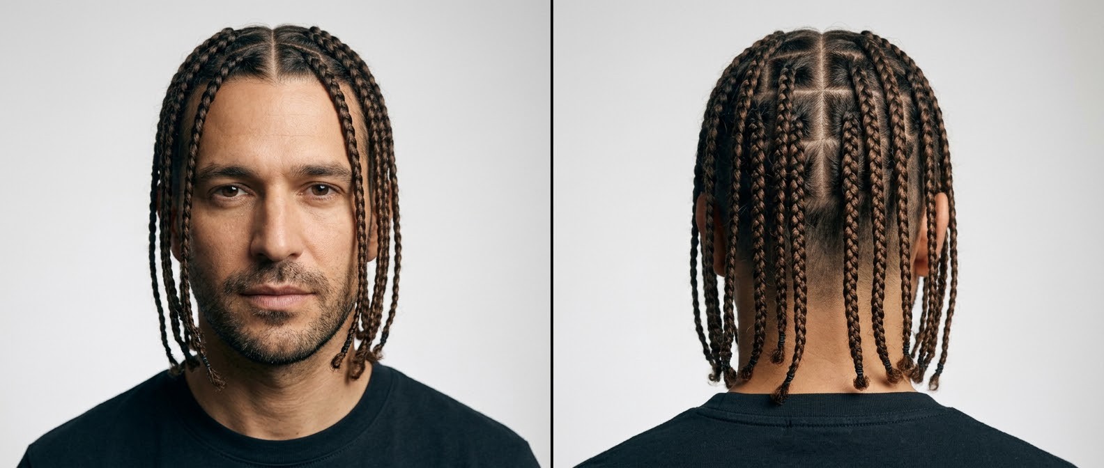 Front- und Rückansicht eines Mannes mit mittellangen braunen Box Braids, präzisem Mittelscheitel und quadratischen Abteilungen.