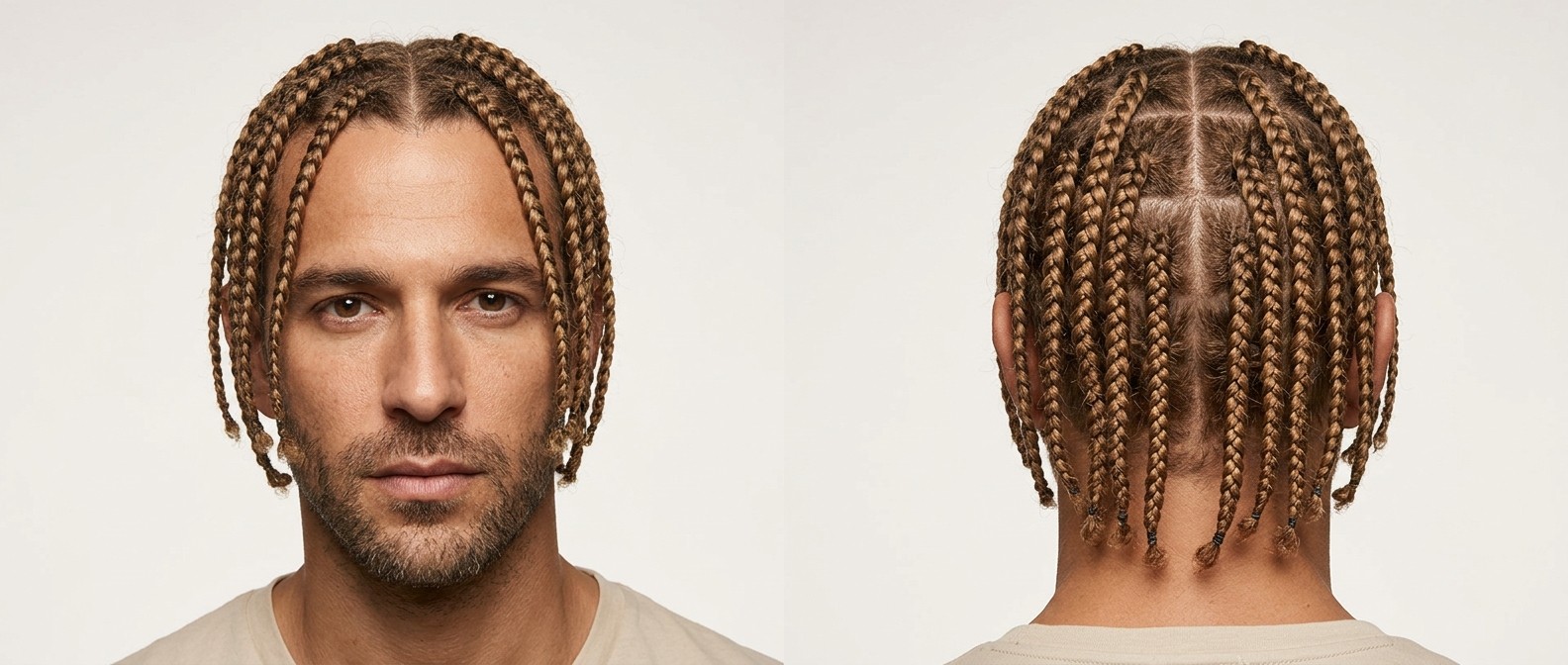 Homem caucasiano de 35-45 anos, pele oliva e barba por fazer, usando box braids castanho-claras com divisão central e grid geométrico visível.