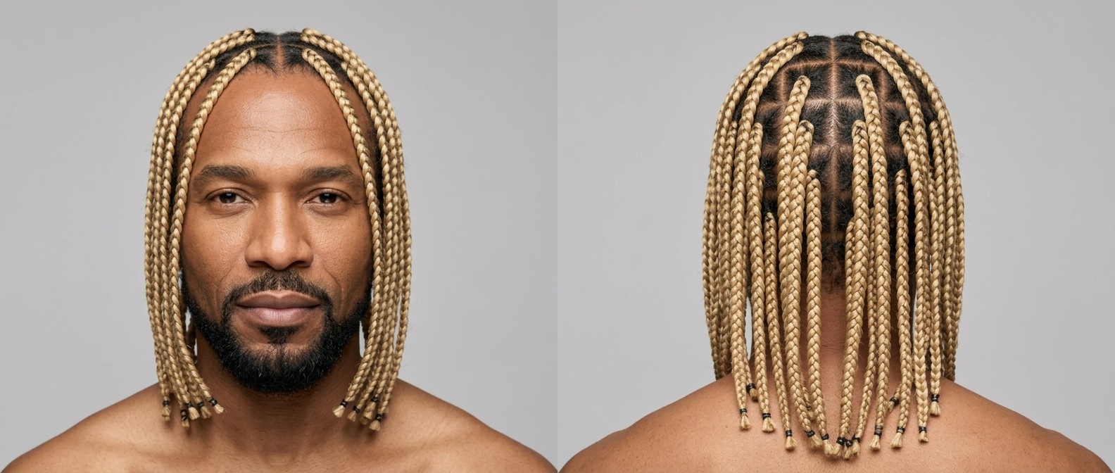 Homem negro com barba curta escura usando box braids loiras longas com raiz escura e risca central precisa.