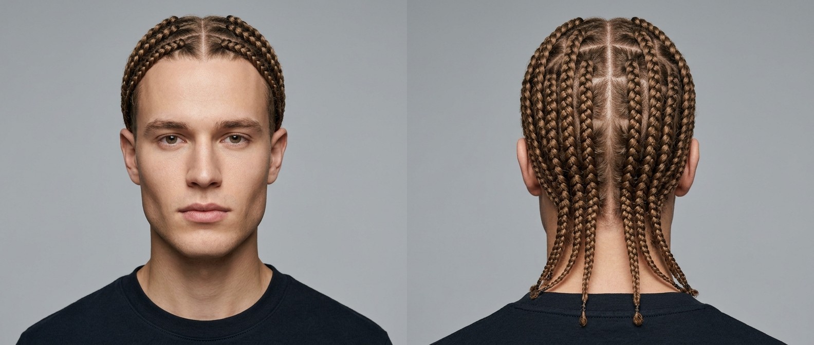 Vista frontal e traseira de um jovem de pele clara e cabelos castanhos com box braids simétricas e alinhadas fluindo até a nuca.