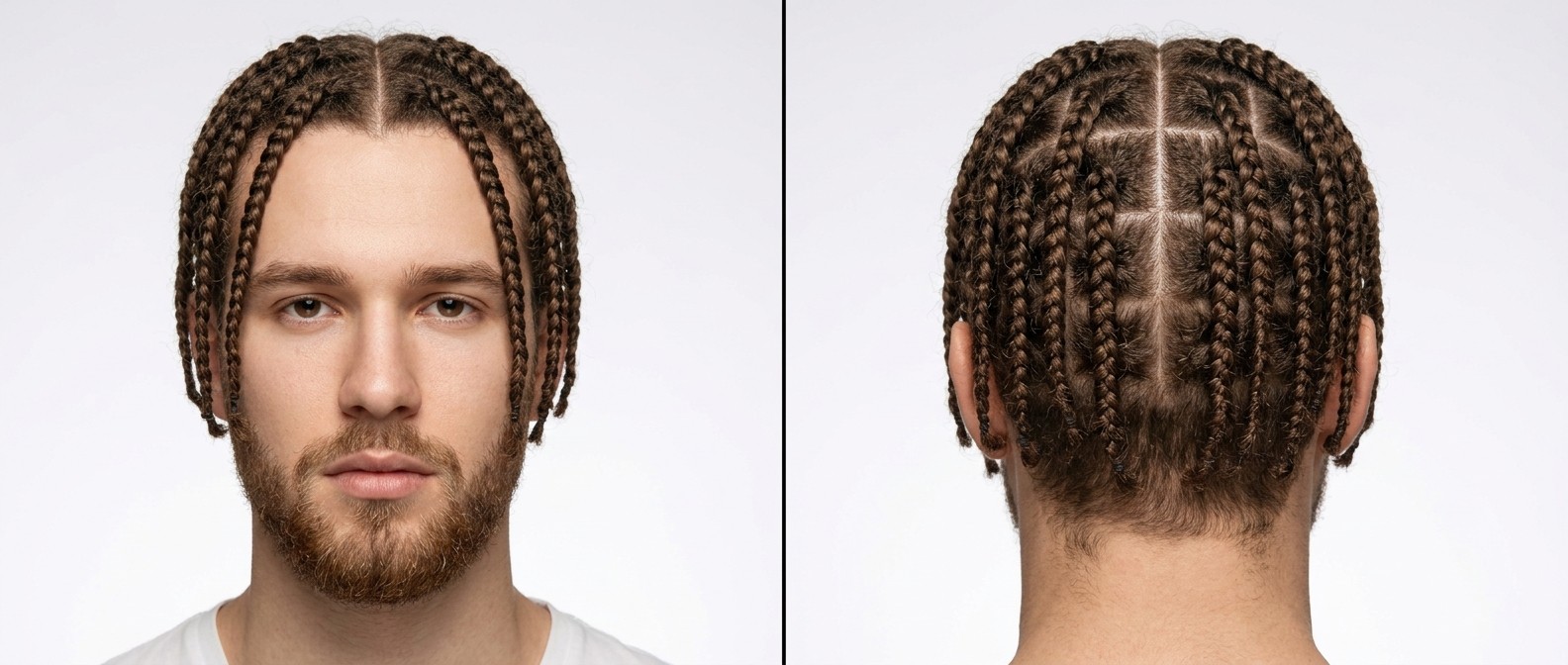 Vista frontal e traseira de um homem jovem com barba curta usando box braids simétricas e meticulosamente divididas em cabelo castanho-claro.