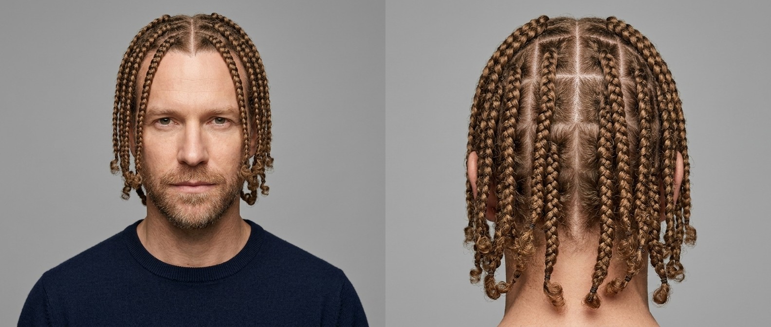 Homem caucasiano de 40 anos com barba, usando box braids castanhas claras na altura do maxilar com divisões quadradas precisas e pontas cacheadas.