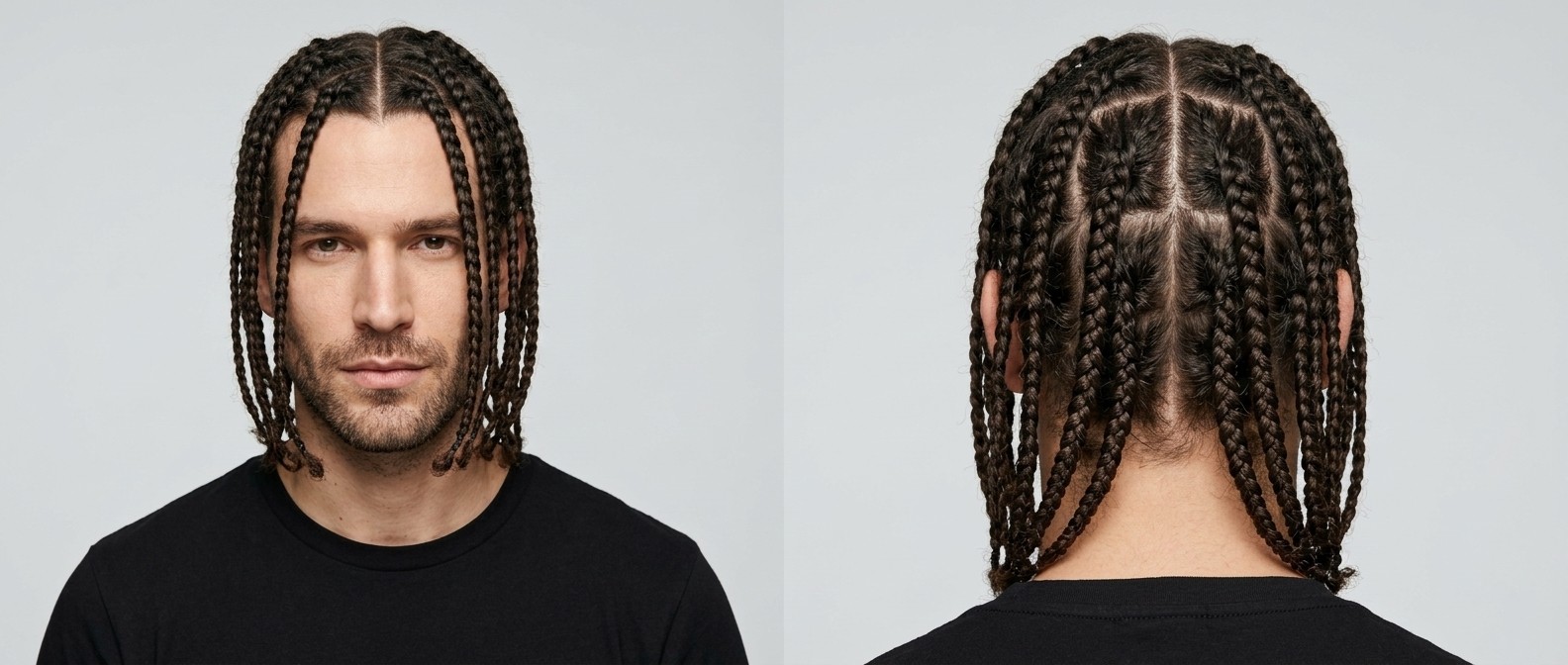 Vista frontal e traseira de um homem com cabelo castanho escuro grosso em box braids longas com risca central e divisões quadradas precisas.