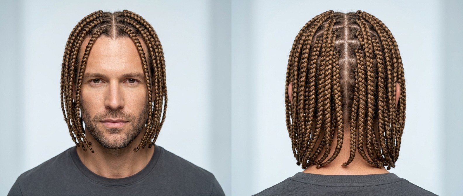 Homem de meia-idade com cabelo castanho claro em box braids uniformes, com risca central precisa e grade geométrica, vistas frontal e traseira.
