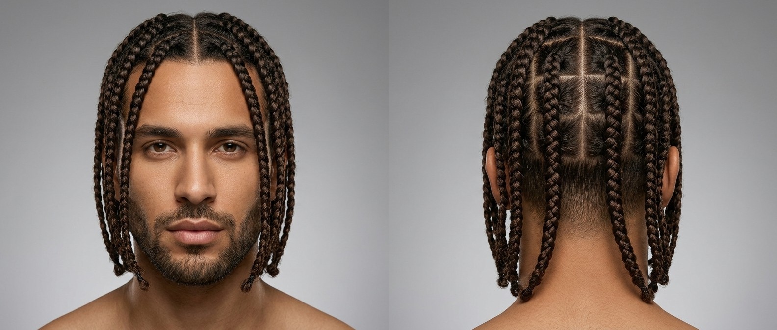Vista frontal e traseira de homem com cabelo castanho escuro em box braids simétricas com risca central e nuca em degradê.
