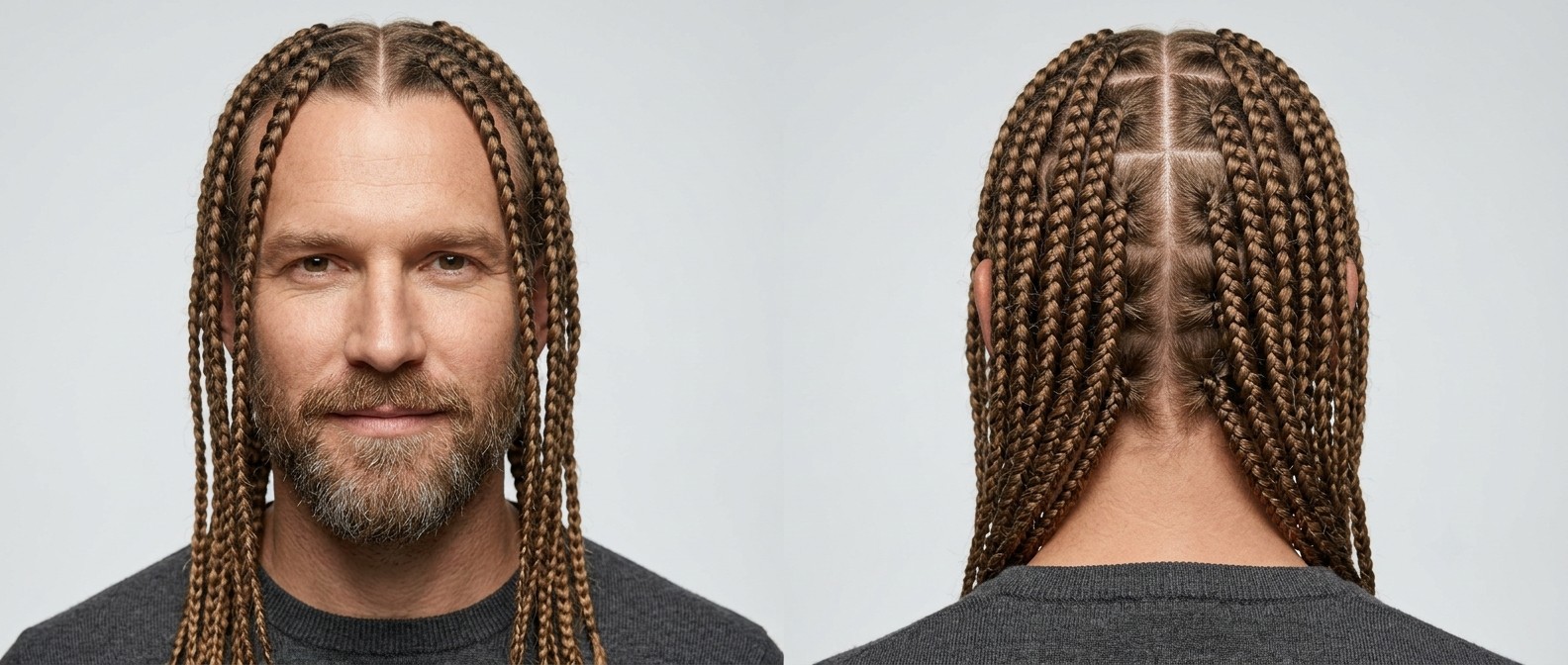 Front and back view of a 45+ Caucasian man with a beard wearing long, perfectly sectioned box braids with a center part and geometric scalp grid.