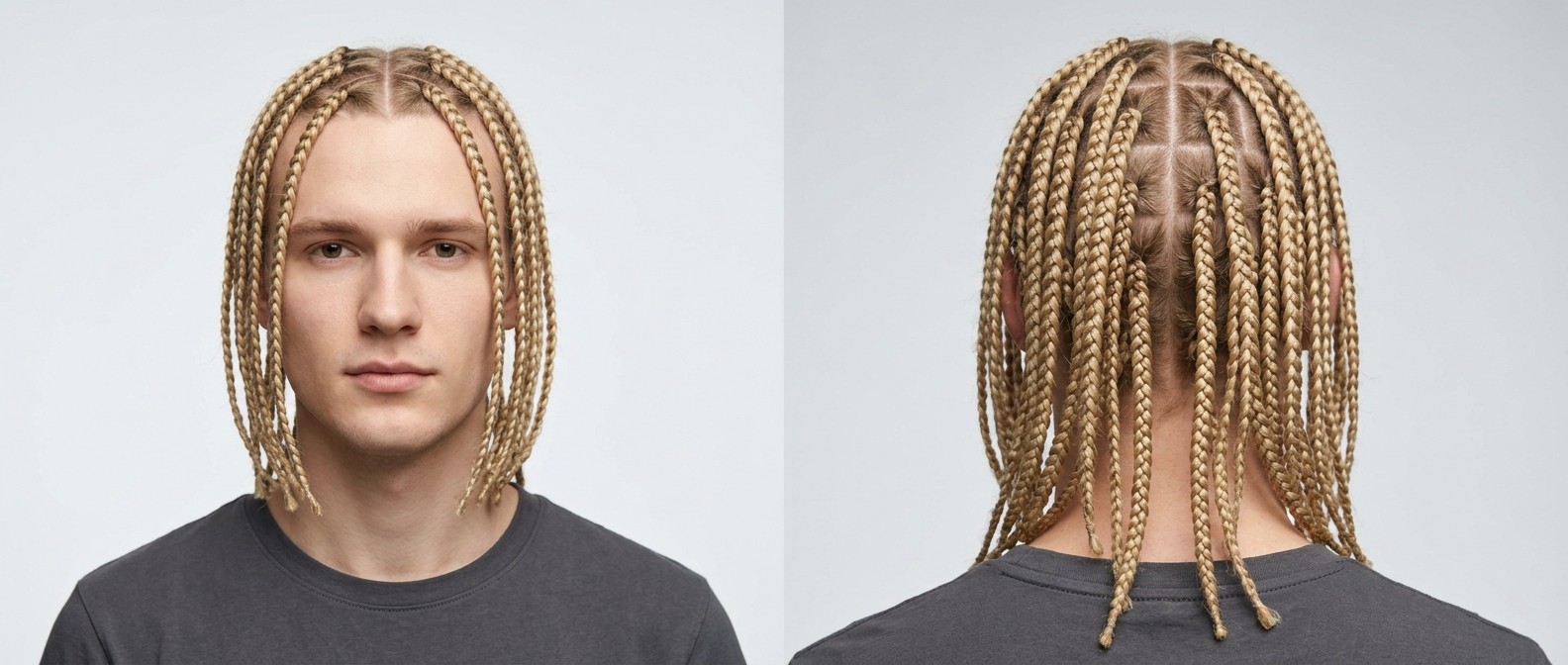 Front and back view of a young blonde man with long box braids, featuring a clean middle part and precise square grid scalp sectioning.