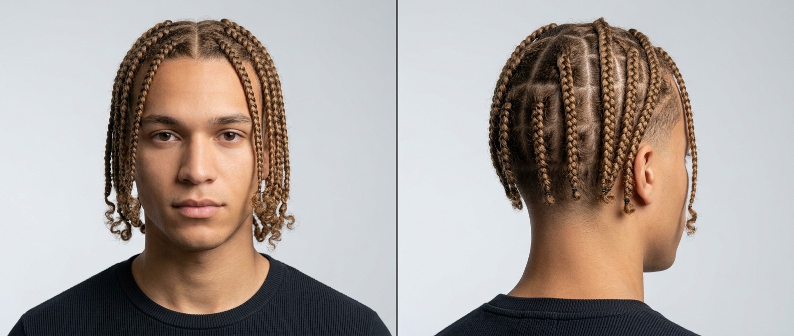 Young man with light brown hair styled in chin-length box braids with a middle part, showing precise scalp sectioning and a subtle nape taper fade.