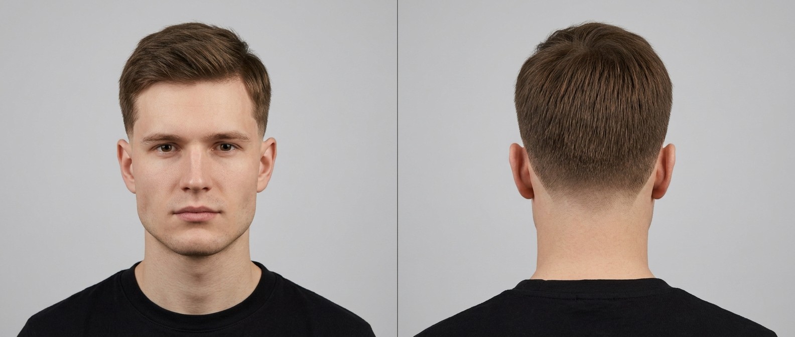 Young Caucasian man with a modern low burst fade and medium-length side-parted straight brown hair, showcasing front and back views.