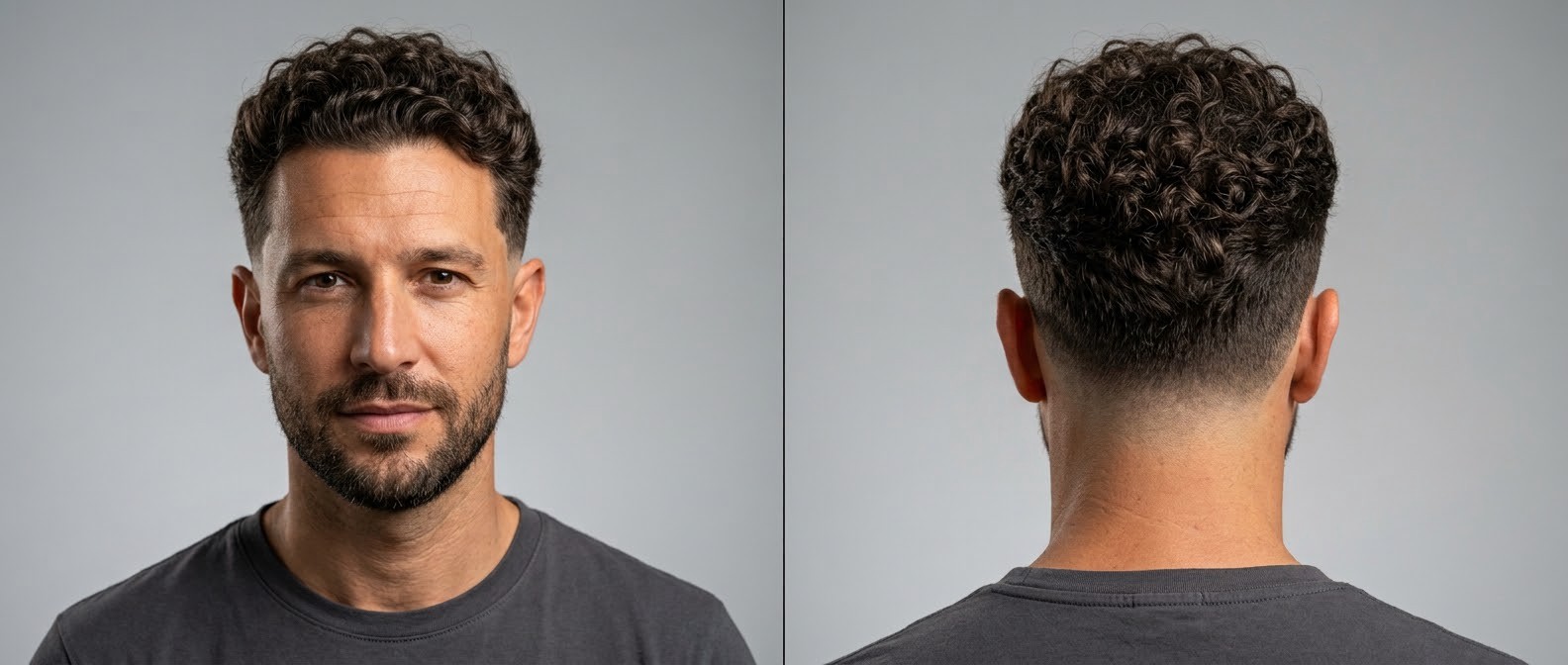 Caucasian man in his 40s with a dark brown curly burst fade, short beard, and textured crown, shown from front and back viewing angles.