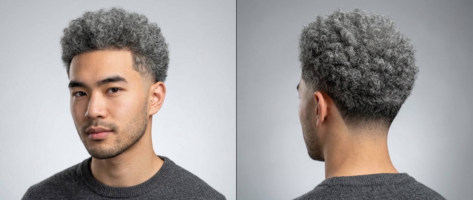 Young Asian man with thick, silver-gray Type 4 curly hair styled in a precision burst fade, featuring a crisp hairline and light facial stubble.