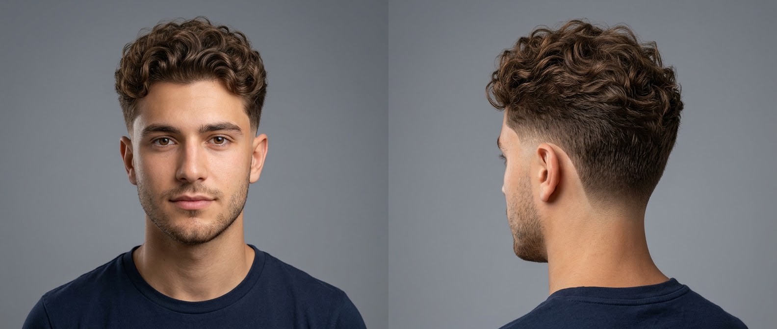 Young man with brown curly hair modeling a clean burst fade with short, textured forward-flowing curls and a crisp temple lineup.