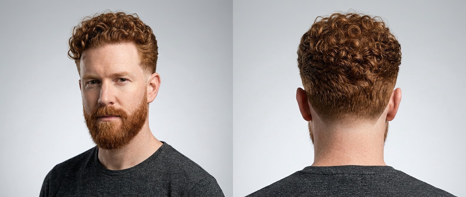 A 35-45 year old man with a red beard showcasing a curly burst fade haircut, featuring thick Type 3 curls on top and cleanly tapered sides.