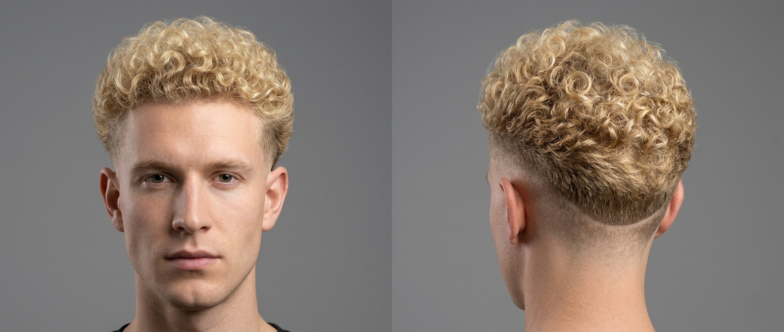 Mężczyzna o blond włosach z fryzurą burst fade i gęstymi, blond lokami, z wyraźnie wyciętą linią karku.