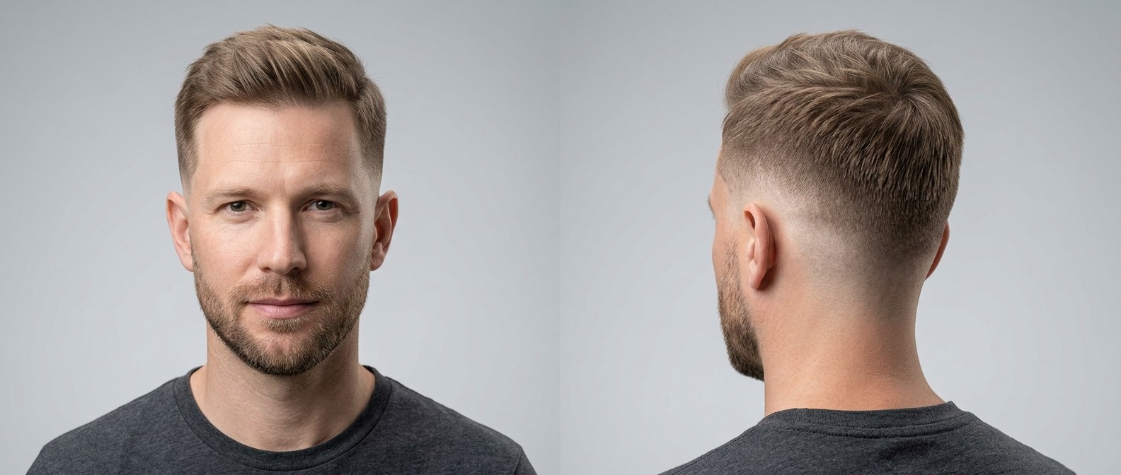 Mężczyzna z krótką brodą i fryzurą textured burst fade, włosy zaczesane do góry, jasnobrązowe i cienkie.