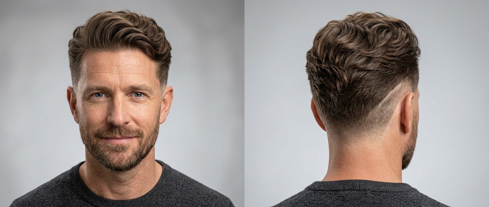 Mature man with thick, wavy brown hair styled in a voluminous burst fade with a shaved surgical line design and a neat stubble beard.
