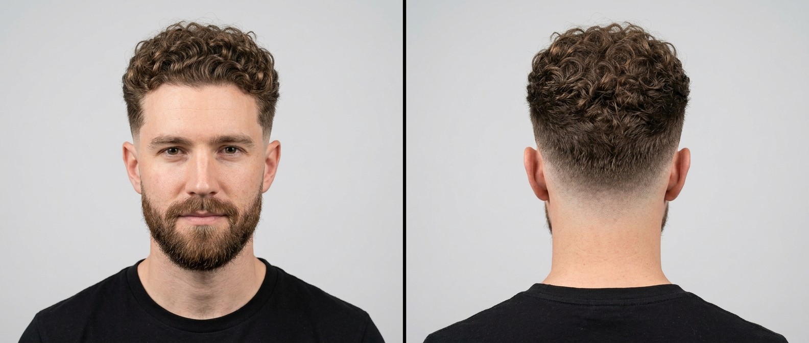Widok z przodu i z tyłu na mężczyznę z fryzurą curly burst fade, brązowymi lokami na górze i zadbaną brodą.