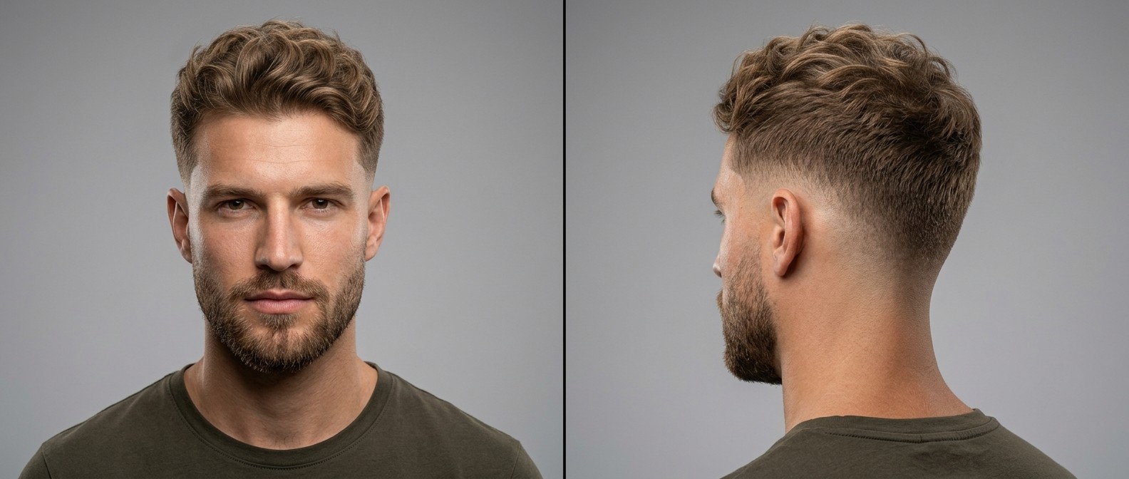 Profil d'un jeune homme avec un Wavy Burst Fade, cheveux bruns texturés et barbe soignée sur fond gris.