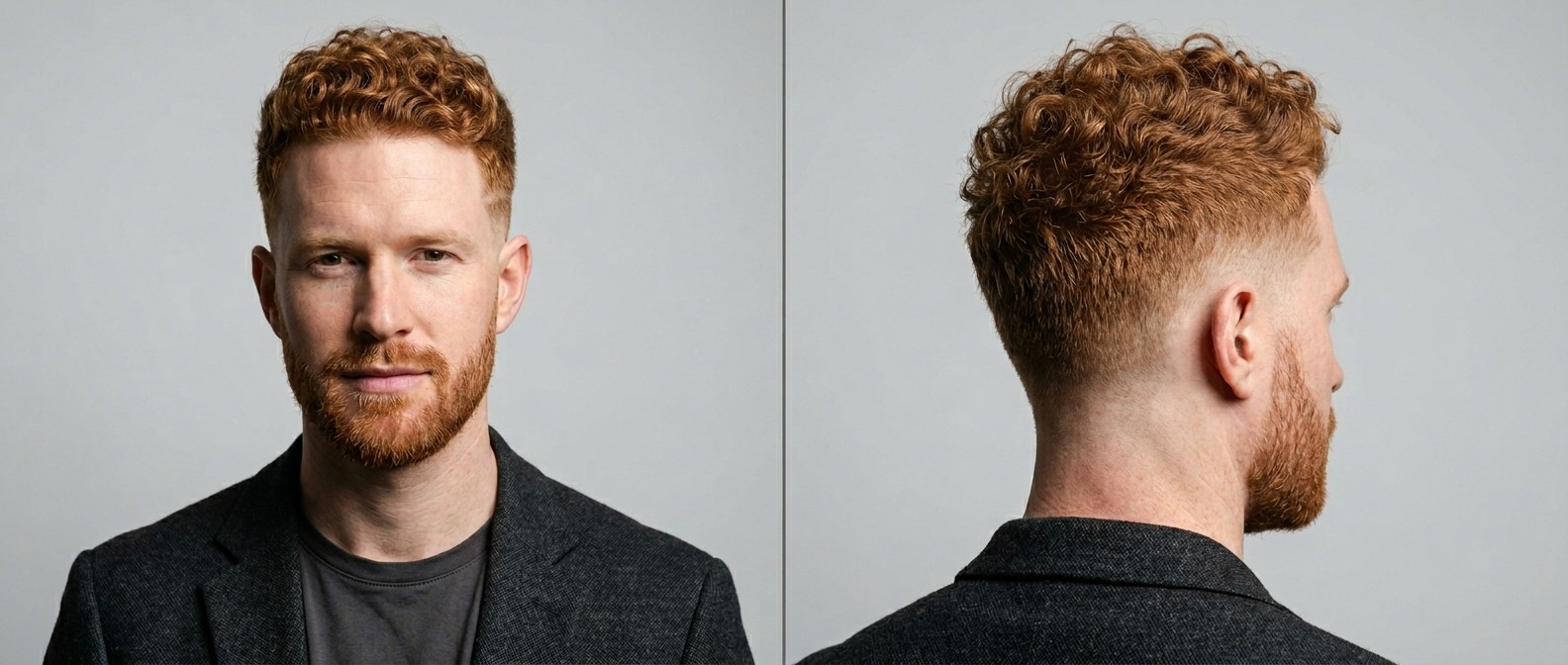 Front- und Seitenansicht eines jungen Mannes mit roten Locken, kurzem Bart und einem präzisen Burst Fade.