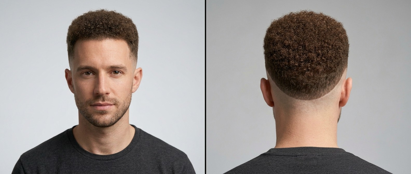 Young Caucasian man featuring a short burst fade haircut with tightly coiled brown Type 4 curls on top, a sharp straight hairline, and light stubble.