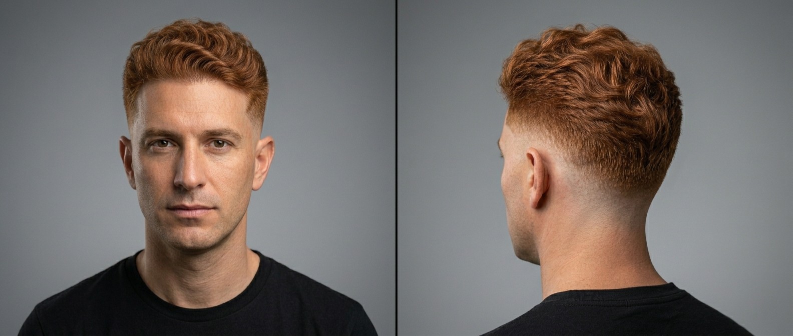 Front and side view of a man with copper red wavy hair sporting a textured burst fade with skin-tight sides and a swept-forward fringe.