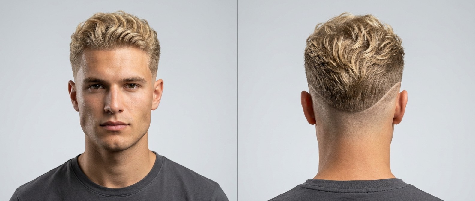 Front and back view of a young man with blonde wavy hair featuring a burst fade, crisp front line-up, and a sharp V-shape design at the nape.