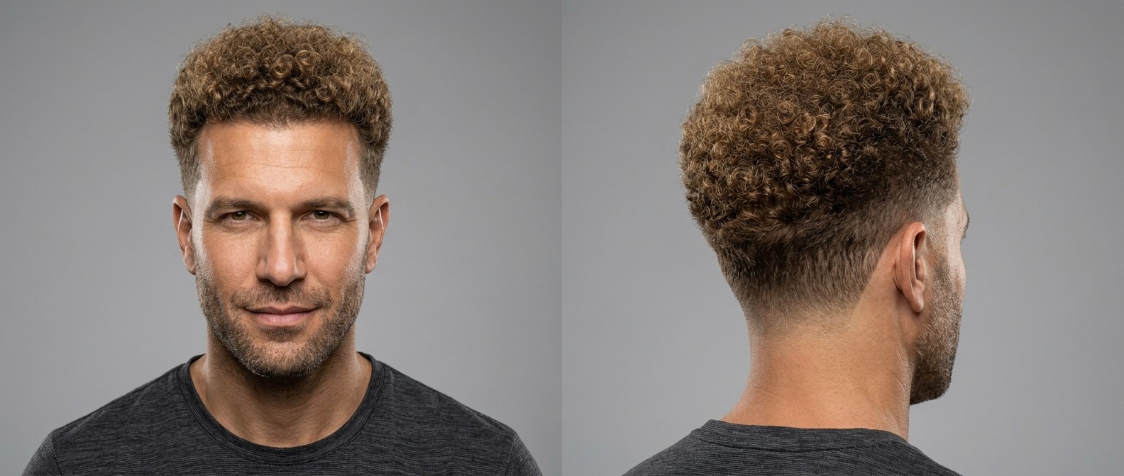 Mature Caucasian man with olive skin and facial stubble showcasing a light brown curly burst fade hairstyle from front and side profiles.