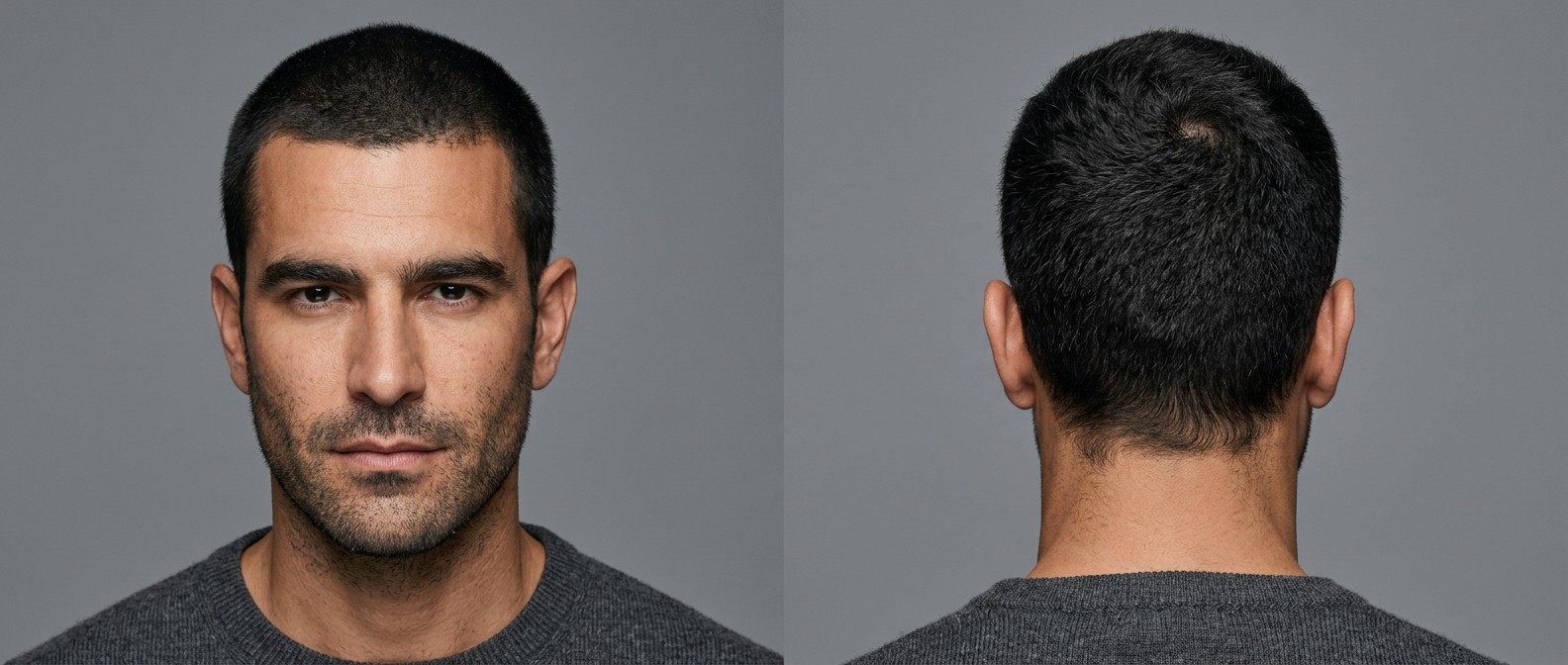 Front and back view of a handsome Caucasian man aged 35-45 with a classic black buzz cut, stubble beard, and a natural neckline.