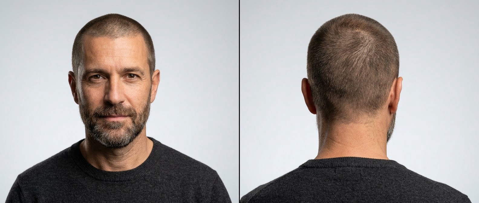 Front and back view of a mature man with an oval face sporting a classic uniform buzz cut, natural hairline, and a short trimmed beard.