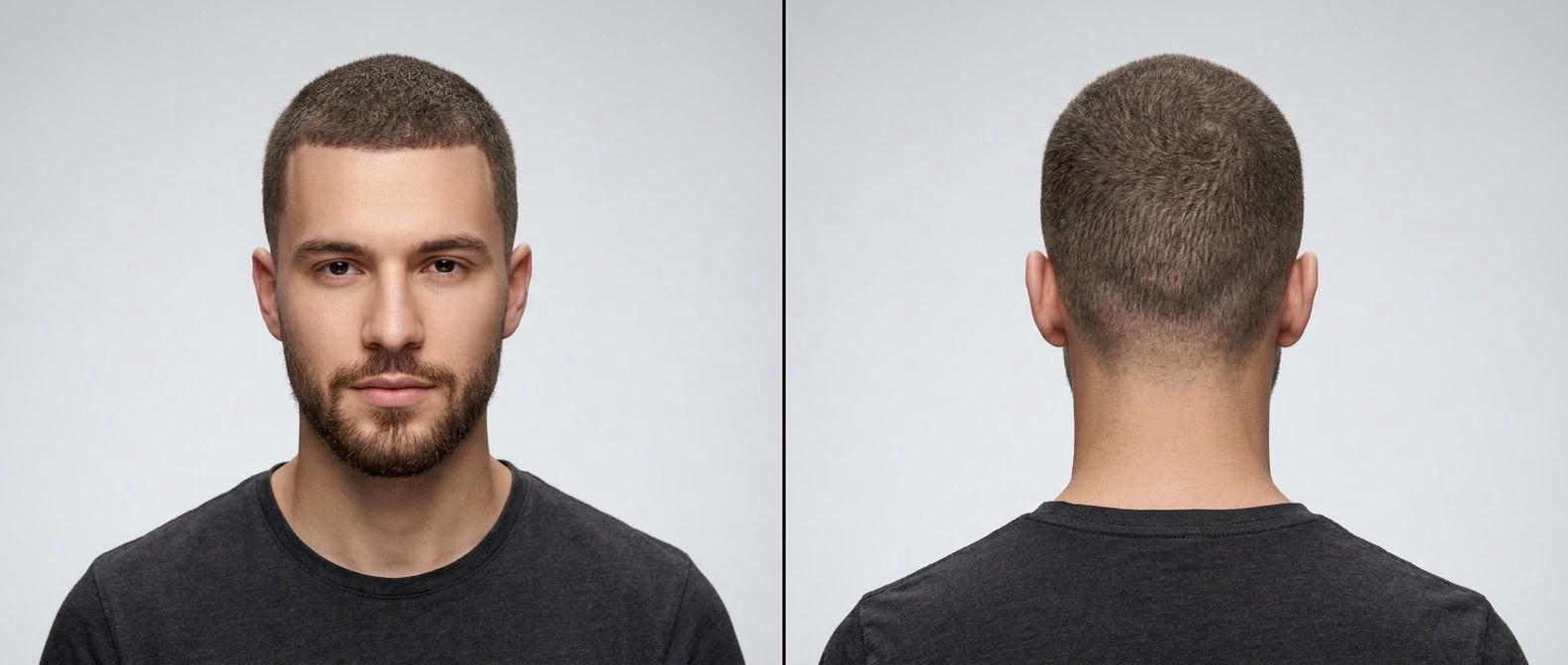 Front and back view of a young Caucasian man sporting a fresh, uniform short brown buzz cut, a crisp front hairline, and a neatly groomed short beard.