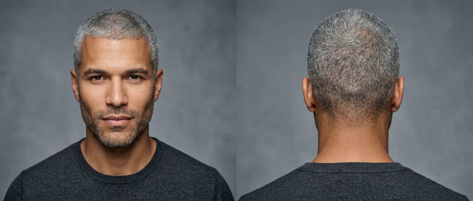 Front and back view of a young man with a silver-gray buzz cut, featuring an ultra-short uniform length, light stubble, and a diamond face shape.
