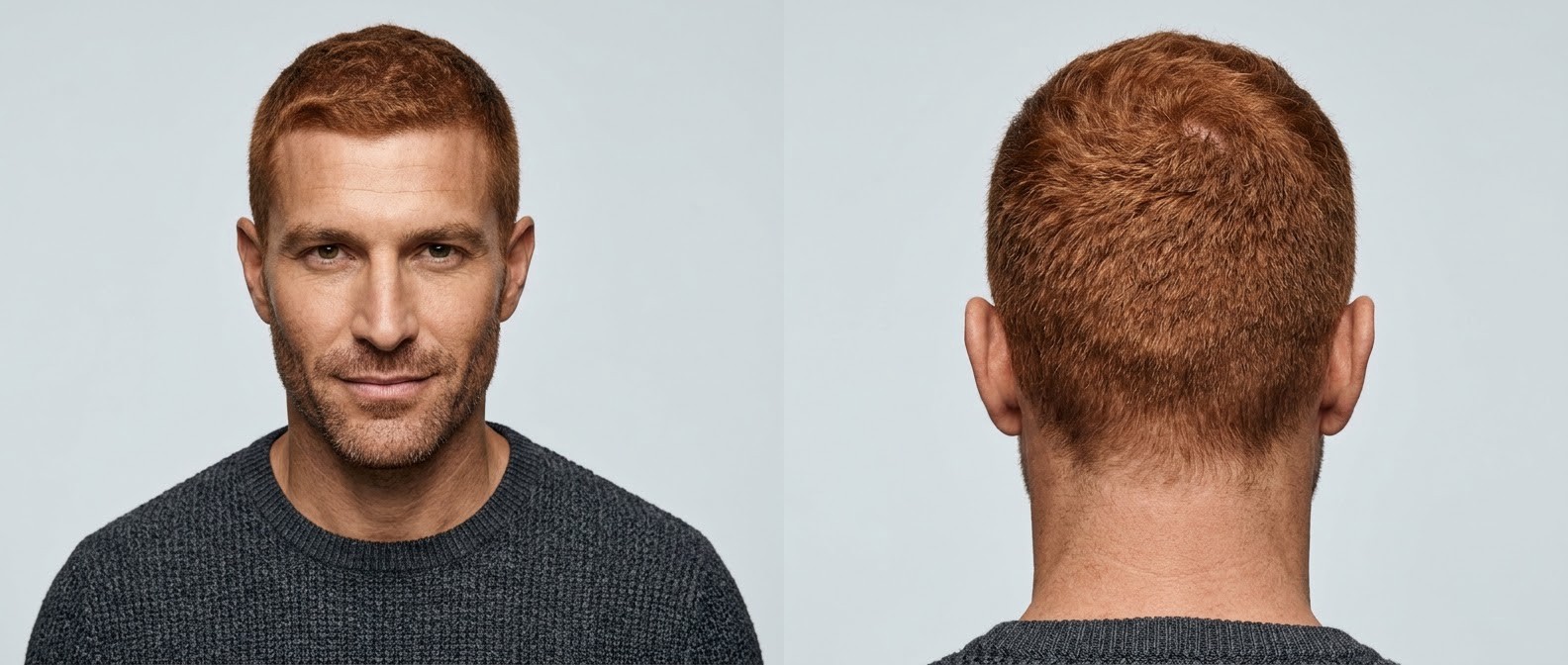 Front and back view of a 45-year-old man with thick red hair sporting a textured buzz cut, receding hairline, and light stubble against a light grey background.