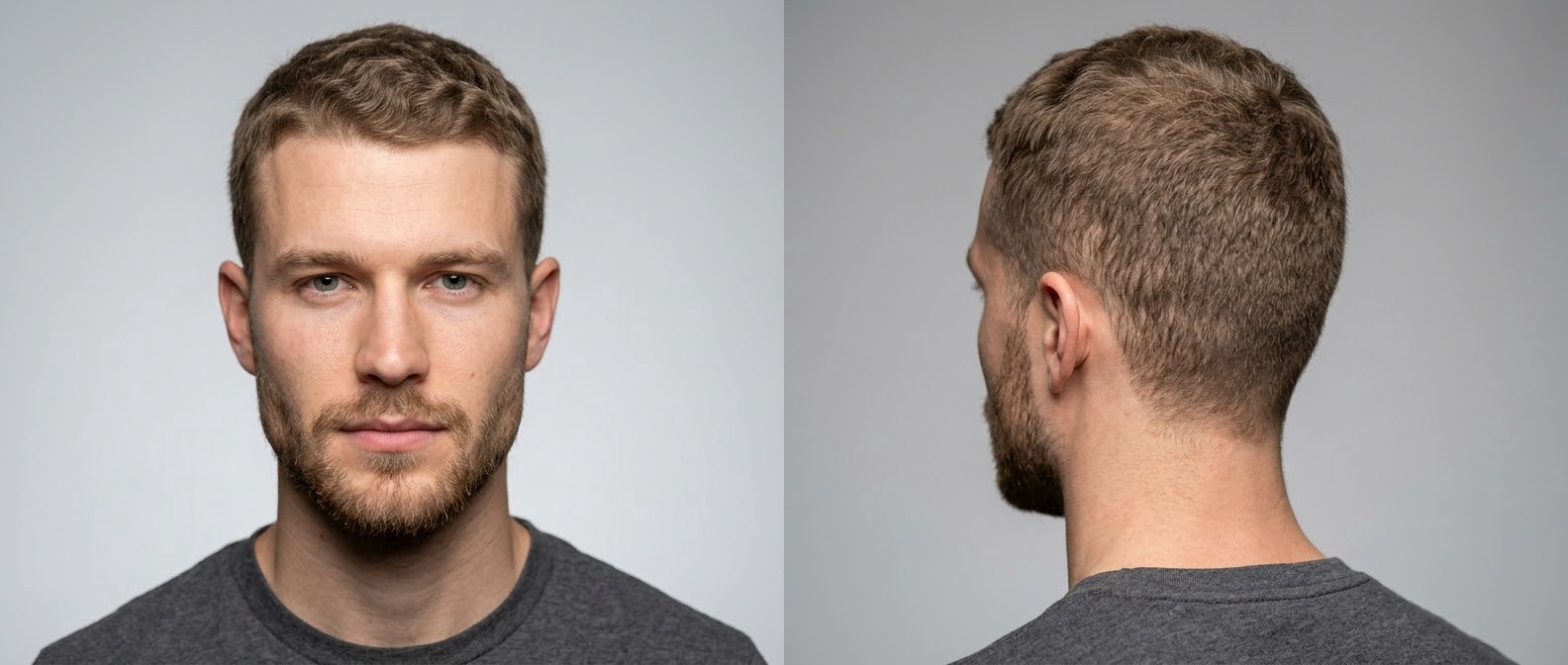 Front and side profile of a young Caucasian man with a textured wavy buzz cut, short sides, and a short brown beard against a grey background.