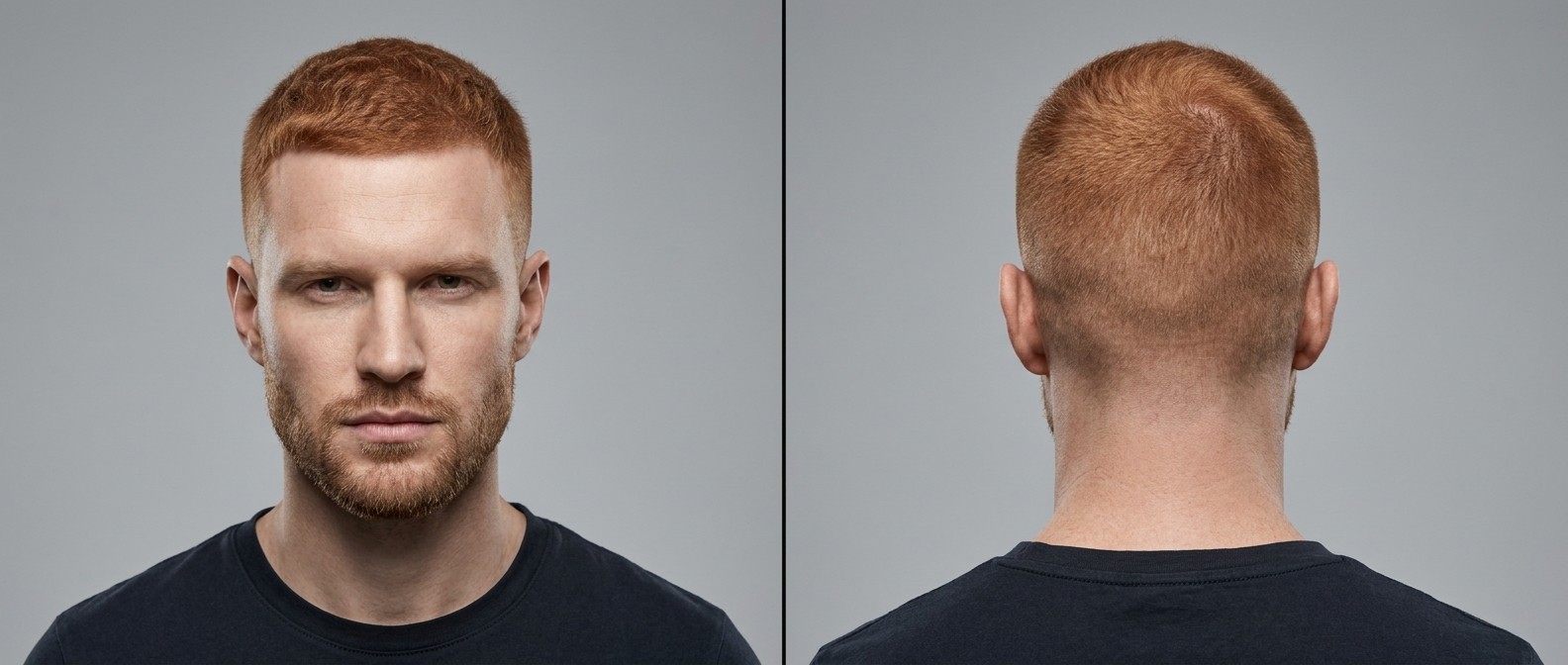 Vista frontal y posterior de un hombre caucásico con buzz cut pelirrojo, mid skin fade y barba corta, ideal para rostro cuadrado y entradas.