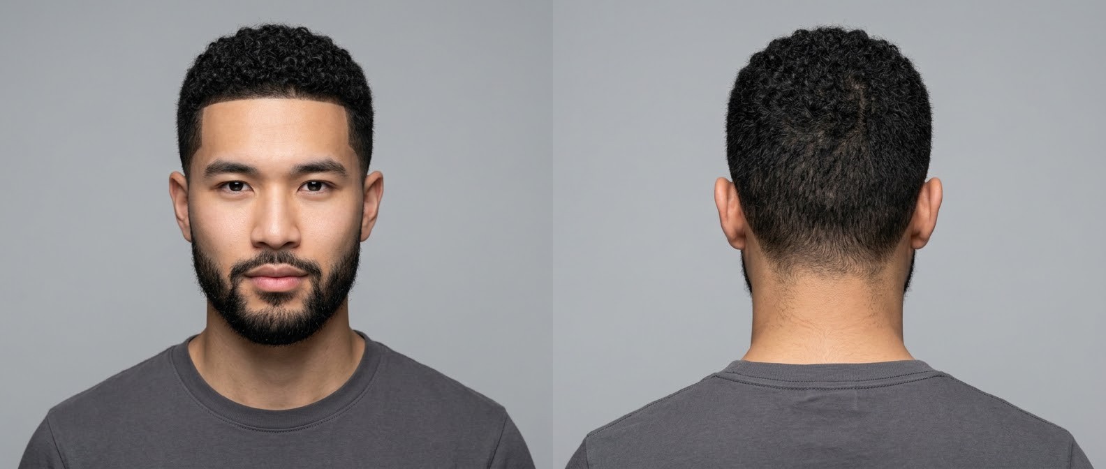 Front and back view of a young Asian man with a curly buzz cut, featuring a razor-sharp edge-up, cleanly tapered sides, and a seamlessly blended beard.