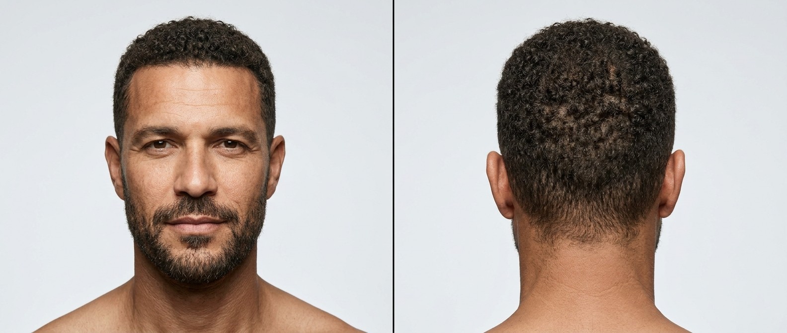 Vista frontal y trasera de un hombre maduro con piel oliva y barba corta, luciendo un buzz cut muy rizado con degradado suave y entradas naturales.