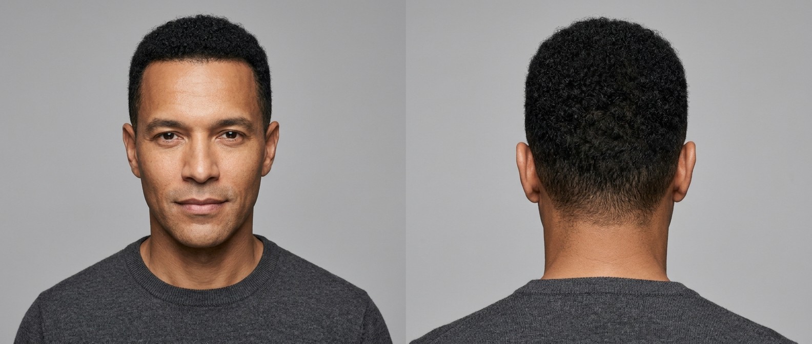 Vista frontal y trasera de un hombre maduro con piel oliva y cabello negro, mostrando un buzz cut degradado para cabello rizado tipo 4 con línea frontal natural.