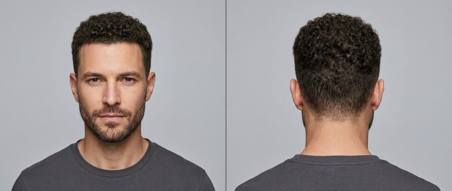Vista frontal y trasera de un hombre de 35-45 años con buzz cut rizado, parte superior texturizada, laterales degradados y barba corta.