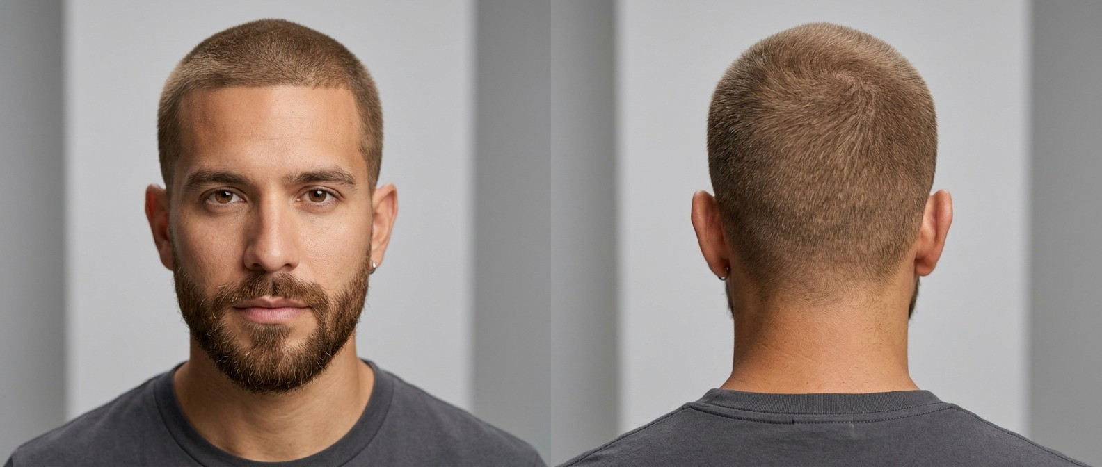 Vista frontal y trasera de un hombre con buzz cut uniforme, cabello lacio castaño claro, línea de nacimiento baja y barba cuidada.
