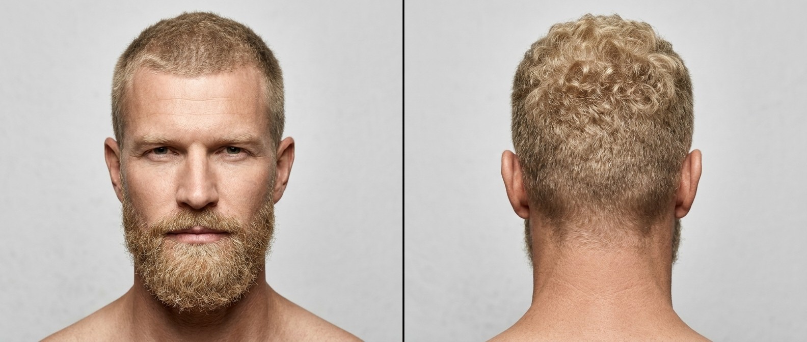 Vista frontal y trasera de un hombre rubio de 45 años con barba poblada y un buzz cut texturizado para cabello rizado con entradas naturales.