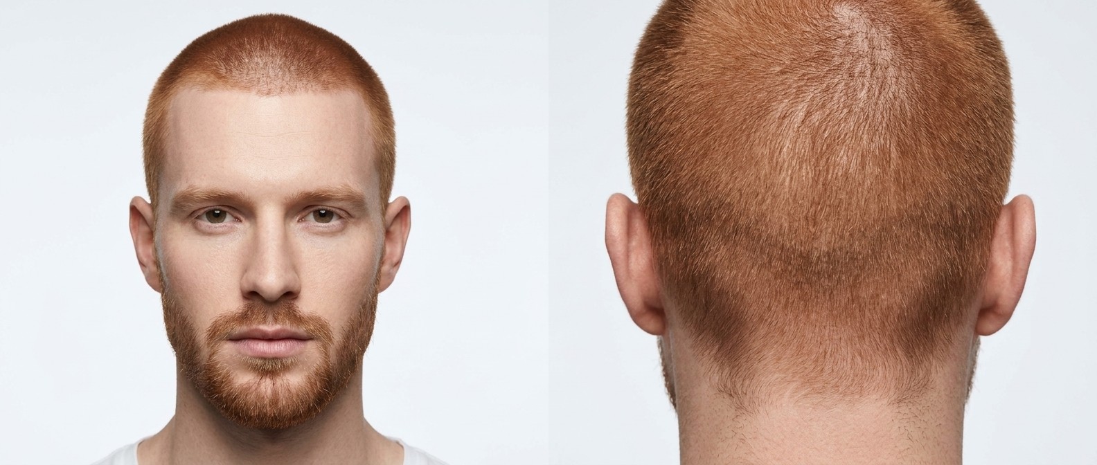 Vista frontal y trasera de un hombre joven pelirrojo con buzz cut uniforme, línea de nacimiento natural y barba corta bien cuidada.