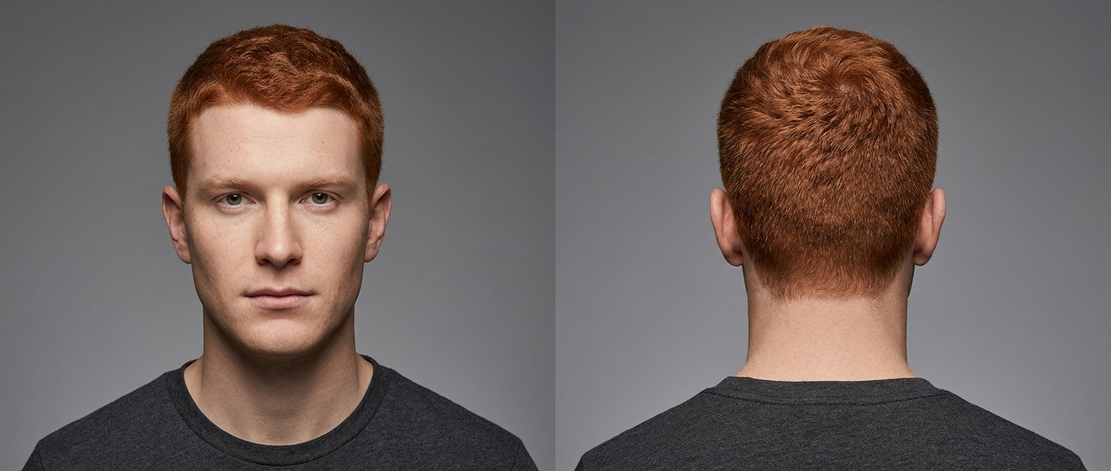 Vista frontal y trasera de un hombre con cabello grueso, ondulado y pelirrojo con un buzz cut texturizado de bajo mantenimiento.